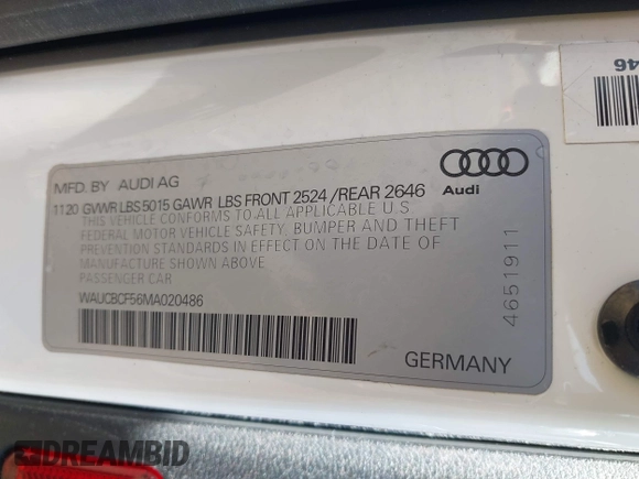 2021 Audi A5 Sportback Premium Plus with VIN WAUCBCF56MA020486, listed as a IAAI auction lot 41486099 with 91,892 mi miles. Bid and sale history available at carsss.com. Image 9.