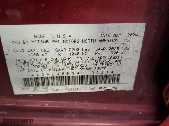 2004 Mitsubishi Galant ES with VIN 4A3AB46F34E133214, listed as a Copart auction lot 42360465 with 213,606 mi miles and Salvage Title. Bid and sale history available at carsss.com. Image 12.