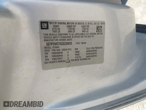 2012 GMC Sierra 1500 SLT with VIN 3GTP2WE7XCG238830, listed as a IAAI auction lot 41772926 with 210,031 mi miles and . Bid and sale history available at DreamBid. Image 9.