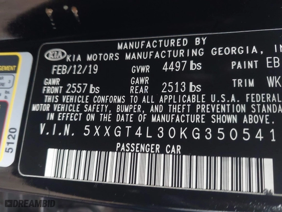 2019 Kia Optima LX with VIN 5XXGT4L30KG350541, listed as a IAAI auction lot 41908755 with 47,085 mi miles. Bid and sale history available at carsss.com. Image 9.