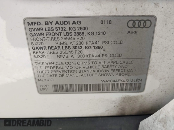 2018 Audi SQ5 Prestige z VIN WA1C4AFY4J2124874, wystawiony jako IAAI lot #42442773 z przebiegiem 86 612 mil mil oraz . Historia ofert i sprzedaży dostępna na DreamBid. Obrazek 9.