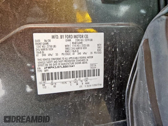 2020 Ford Edge SEL with VIN 2FMPK3J97LBB01641, listed as a Copart auction lot 61129225 with 120,336 mi miles and Clean title. Bid and sale history available at DreamBid. Image 13.