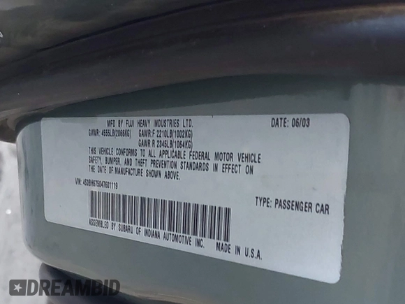 2004 Subaru Legacy Outback with VIN 4S3BH675047601119, listed as a IAAI auction lot 42346916 with 107,357 mi miles and . Bid and sale history available at DreamBid. Image 9.