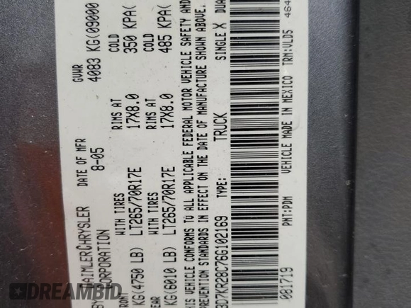 2006 Dodge Ram 2500 SLT with VIN 3D7KR28C76G102169, listed as a Copart auction lot 44617285 with 0 mi miles and Non Repairable. Bid and sale history available at carsss.com. Image 12.