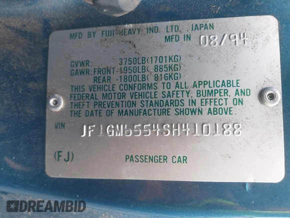 1995 Subaru Impreza with VIN JF1GM6554SH410188, listed as a IAAI auction lot 41871666 with 93,483 mi miles and . Bid and sale history available at DreamBid. Image 9.