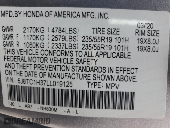 2020 Acura RDX with VIN 5J8TC1H37LL019125, listed as a Copart auction lot 51466915 with 108,248 mi miles and Clean title. Bid and sale history available at DreamBid. Image 13.