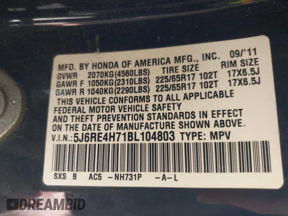2011 Honda CR-V EX-L with VIN 5J6RE4H71BL104803, listed as a IAAI auction lot 42120972 with 140,020 mi miles and . Bid and sale history available at carsss.com. Image 9.