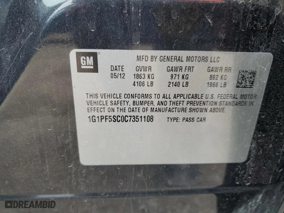 2012 Chevrolet Cruze LT w/1LT with VIN 1G1PF5SC0C7351108, listed as a Copart auction lot 51216365 with 161,613 mi miles and Salvage Title. Bid and sale history available at carsss.com. Image 12.