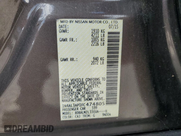 2015 Nissan Altima 2.5 with VIN 1N4AL3AP1FC474805, listed as a Copart auction lot 61560655 with 176,440 mi miles and Salvage title. Bid and sale history available at DreamBid. Image 12.