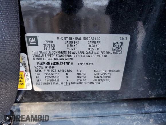 2016 GMC Acadia SLE with VIN 1GKKRNED3GJ347919, listed as a Copart auction lot 43034815 with 103,821 mi miles and Salvage Title. Bid and sale history available at DreamBid. Image 15.