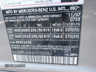 2008 Mercedes-Benz M 3.5L with VIN 4JGBB86E88A355083, listed as a IAAI auction lot 42019076 with 160,928 mi miles. Bid and sale history available at carsss.com. Image 9.