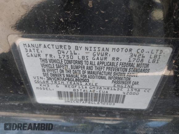 2016 Nissan Versa S Plus with VIN 3N1CN7AP8GL892503, listed as a IAAI auction lot 41970341 with 118,549 mi miles. Bid and sale history available at carsss.com. Image 9.