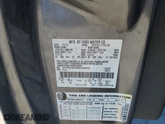 2013 Ford F-150 XL with VIN 1FTFW1EF9DKD91672, listed as a Copart auction lot 48226705 with Not Provided miles and Clean Title. Bid and sale history available at carsss.com. Image 12.