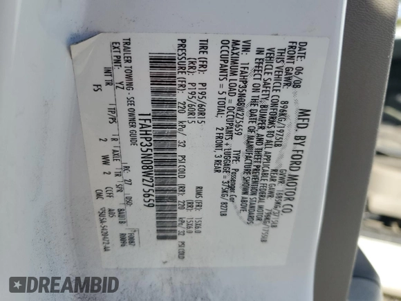 2008 Ford Focus SE with VIN 1FAHP35N08W275659, listed as a Copart auction lot 47980245 with 0 mi miles and Salvage Title. Bid and sale history available at carsss.com. Image 14.