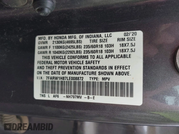 2020 Honda CR-V EX-L z VIN 7FARW1H87LE008872, wystawiony jako IAAI lot #42131283 z przebiegiem 61 482 mil mil oraz . Historia ofert i sprzedaży dostępna na DreamBid. Obrazek 9.