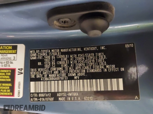 2010 Toyota Venza with VIN 4T3BA3BB6AU018733, listed as a IAAI auction lot 41566883 with 94,781 mi miles and . Bid and sale history available at DreamBid. Image 9.