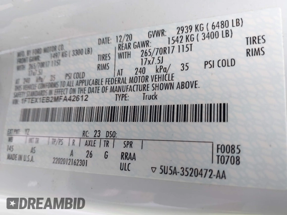 2021 Ford F-150 XL with VIN 1FTEX1EB2MFA42612, listed as a IAAI auction lot 41490273 with 109,896 mi miles and . Bid and sale history available at DreamBid. Image 9.