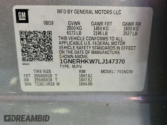 2020 Chevrolet Traverse LT with VIN 1GNERHKW7LJ147370, listed as a Copart auction lot 53250675 with 143,925 mi miles and Salvage Title. Bid and sale history available at DreamBid. Image 13.