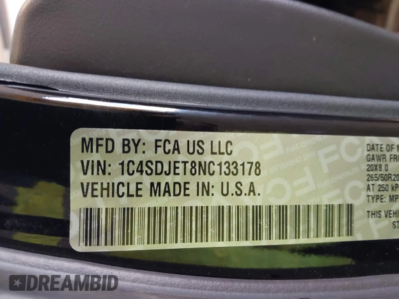 2022 Dodge Durango Citadel with VIN 1C4SDJET8NC133178, listed as a IAAI auction lot 42559755 with 61,736 mi miles and . Bid and sale history available at DreamBid. Image 9.