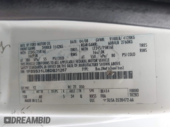 2008 Ford Econoline Passenger XL with VIN 1FBSS31L08DB31287, listed as a IAAI auction lot 41443002 with 556,596 mi miles and . Bid and sale history available at DreamBid. Image 9.