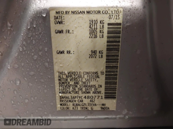2015 Nissan Altima S with VIN 1N4AL3AP7FC480771, listed as a IAAI auction lot 41952040 with 150,587 mi miles and . Bid and sale history available at DreamBid. Image 9.