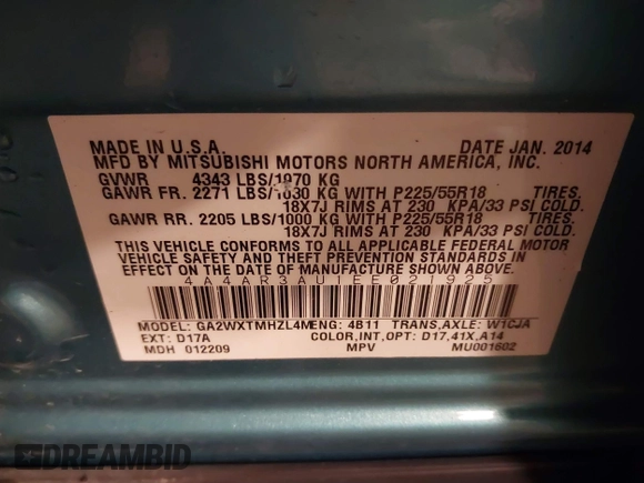 2014 Mitsubishi Outlander Sport ES with VIN 4A4AR3AU1EE021925, listed as a IAAI auction lot 41263028 with 87,867 mi miles. Bid and sale history available at carsss.com. Image 9.