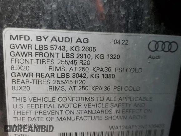 2022 Audi SQ5 Sportback Premium Plus z VIN WA124AFY3N2106433, wystawiony jako Copart lot #43756965 z przebiegiem 21 634 mil mil oraz Szkoda całkowita • Salvage title. Historia ofert i sprzedaży dostępna na DreamBid. Obrazek 14.
