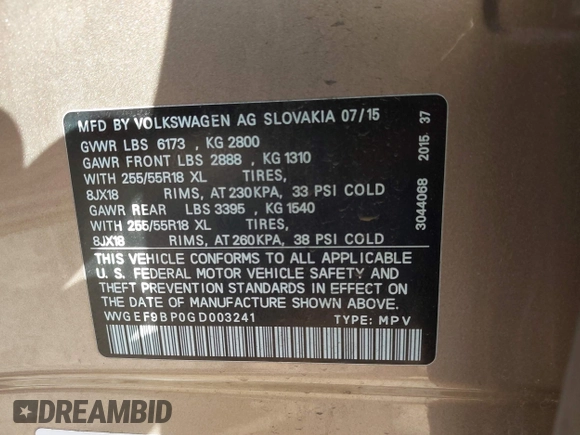 2016 Volkswagen Touareg Sport with VIN WVGEF9BP0GD003241, listed as a IAAI auction lot 41498797 with 90,141 mi miles and . Bid and sale history available at DreamBid. Image 9.