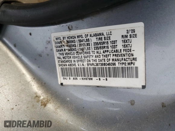 2009 Honda Odyssey EX-L с VIN 5FNRL38739B046096, выставлен на аукционе Copart как лот 51500655 с пробегом 223 892 миль миль и Списание • Salvage title. История ставок и продаж доступна на DreamBid. Изображение 15.