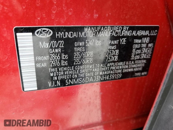 2022 Hyundai Santa Fe XRT with VIN 5NMS6DAJ3NH439139, listed as a Copart auction lot 52072454 with 28,342 mi miles and Salvage Title. Bid and sale history available at carsss.com. Image 13.