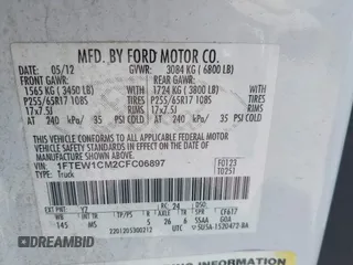 2012 Ford F-150 XL with VIN 1FTEW1CM2CFC06897, listed as a IAAI auction lot 41641309 with 123,853 mi miles. Bid and sale history available at carsss.com. Image 9.
