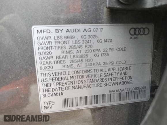 2018 Audi Q7 Premium with VIN WA1AAAF73JD005919, listed as a Copart auction lot 49045645 with 132,236 mi miles and Clean title. Bid and sale history available at DreamBid. Image 13.