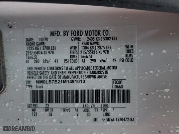 2021 Ford Transit Connect Van XL with VIN NM0LS7E21M1491010, listed as a Copart auction lot 42839745 with 74,518 mi miles and Salvage Title. Bid and sale history available at carsss.com. Image 13.