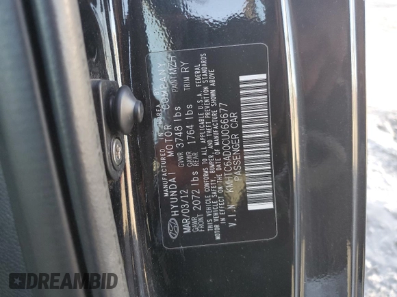 2012 Hyundai Veloster w/Gray Int with VIN KMHTC6AD0CU066677, listed as a Copart auction lot 46418575 with 145,735 mi miles and Salvage title. Bid and sale history available at DreamBid. Image 12.