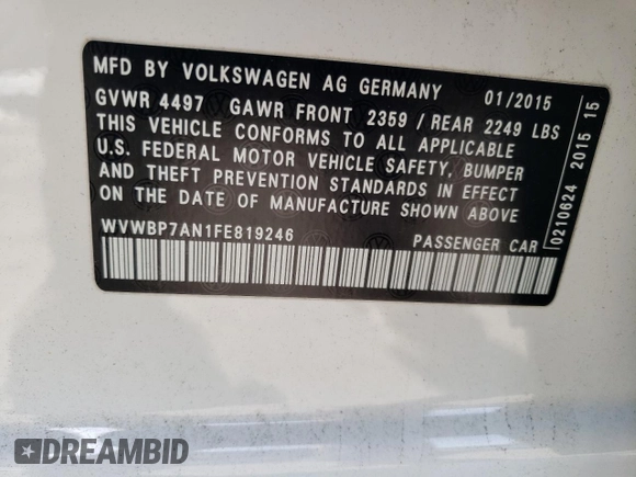 2015 Volkswagen CC R-Line with VIN WVWBP7AN1FE819246, listed as a Copart auction lot 48734894 with 88,651 mi miles. Bid and sale history available at carsss.com. Image 12.