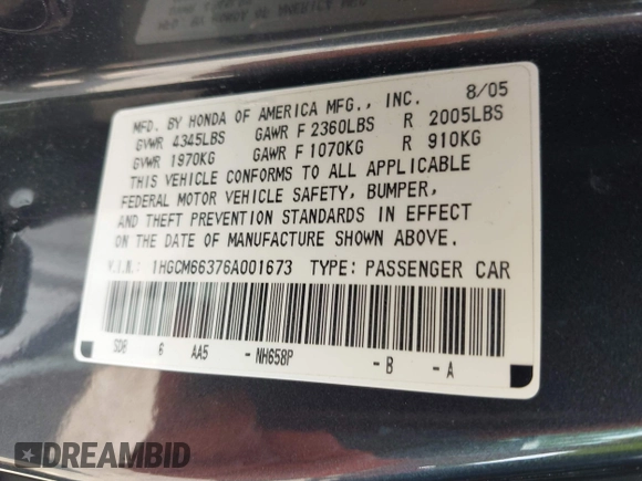 2006 Honda Accord LX with VIN 1HGCM66376A001673, listed as a IAAI auction lot 42142866 with 189,101 mi miles and . Bid and sale history available at DreamBid. Image 9.