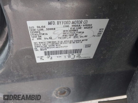2004 Ford F-350 XL z VIN 1FTSW31P14ED94721, wystawiony jako IAAI lot #41591234 z przebiegiem 221 687 mil mil oraz . Historia ofert i sprzedaży dostępna na DreamBid. Obrazek 9.