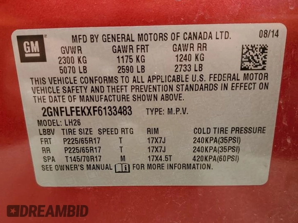 2015 Chevrolet Equinox LT z VIN 2GNFLFEKXF6133483, wystawiony jako Copart lot #54673395 z przebiegiem 156 685 mil mil oraz Nie do naprawy • Non repairable. Historia ofert i sprzedaży dostępna na DreamBid. Obrazek 13.