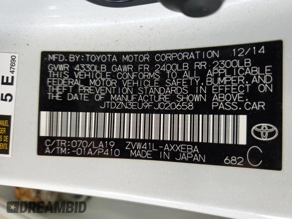 2015 Toyota Prius Two z VIN JTDZN3EU9FJ020658, wystawiony jako Copart lot #59036385 z przebiegiem 254 519 mil mil oraz Szkoda całkowita • Salvage title. Historia ofert i sprzedaży dostępna na DreamBid. Obrazek 13.