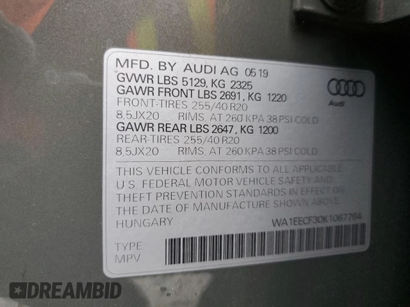 2019 Audi Q3 S line Premium Plus with VIN WA1EECF30K1067764, listed as a Copart auction lot 43360235 with 35,383 mi miles and Salvage Title. Bid and sale history available at carsss.com. Image 13.