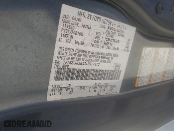 2002 Ford Explorer XLT with VIN 1FMZU63K22UD17412, listed as a Copart auction lot 50612955 with 132,732 mi miles and Salvage title. Bid and sale history available at DreamBid. Image 15.