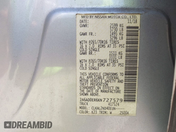 2019 Nissan Frontier SV z VIN 1N6AD0ER6KN727579, wystawiony jako IAAI lot #42067078 z przebiegiem 82 168 mil mil oraz . Historia ofert i sprzedaży dostępna na DreamBid. Obrazek 9.