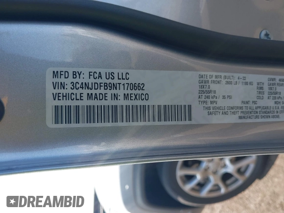 2022 Jeep Compass Latitude Lux with VIN 3C4NJDFB9NT170662, listed as a IAAI auction lot 42500321 with 57,782 mi miles and . Bid and sale history available at DreamBid. Image 9.