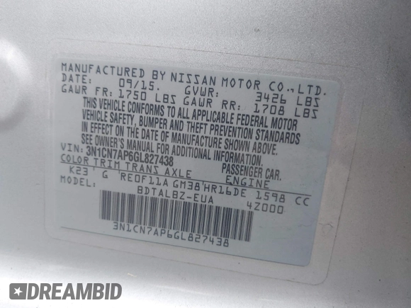 2016 Nissan Versa S with VIN 3N1CN7AP6GL827438, listed as a IAAI auction lot 42341805 with 143,909 mi miles and . Bid and sale history available at DreamBid. Image 9.