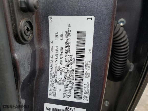 2016 Toyota Tundra 4WD Truck SR with VIN 5TFUY5F11GX522547, listed as a Copart auction lot 80558724 with 135,480 mi miles and Salvage Title. Bid and sale history available at carsss.com. Image 12.