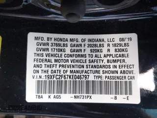2019 Honda Civic Sedan LX with VIN 19XFC2F67KE046797, listed as a IAAI auction lot 41622326 with 46,401 mi miles. Bid and sale history available at carsss.com. Image 9.