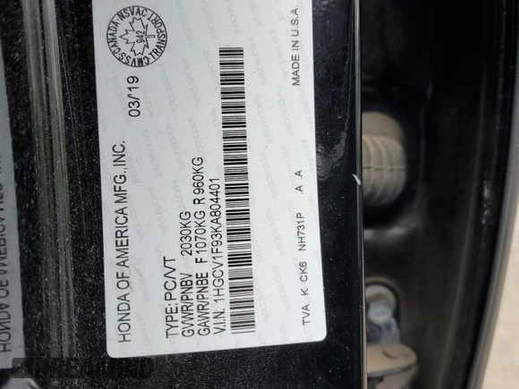 2019 Honda Accord Touring with VIN 1HGCV1F93KA804401, listed as a Copart auction lot 57152815 with 140,331 mi miles and Salvage title. Bid and sale history available at DreamBid. Image 13.