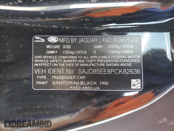 2023 Jaguar F-Type with VIN SAJD85EE8PCK82636, listed as a Copart auction lot 65414134 with Not Provided miles and Salvage Title. Bid and sale history available at DreamBid. Image 12.