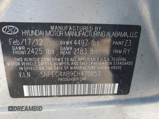 2012 Hyundai Sonata SE with VIN 5NPEC4AB9CH475853, listed as a IAAI auction lot 42084329 with 143,146 mi miles and . Bid and sale history available at carsss.com. Image 9.