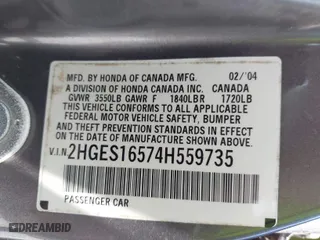 2004 Honda Civic LX with VIN 2HGES16574H559735, listed as a IAAI auction lot 42062936 with 1 mi miles. Bid and sale history available at carsss.com. Image 9.